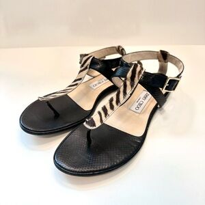 Jimmy Choo Zebra Haircalf & Black Leather Sandals – Size 38.5 – Made in Italy
